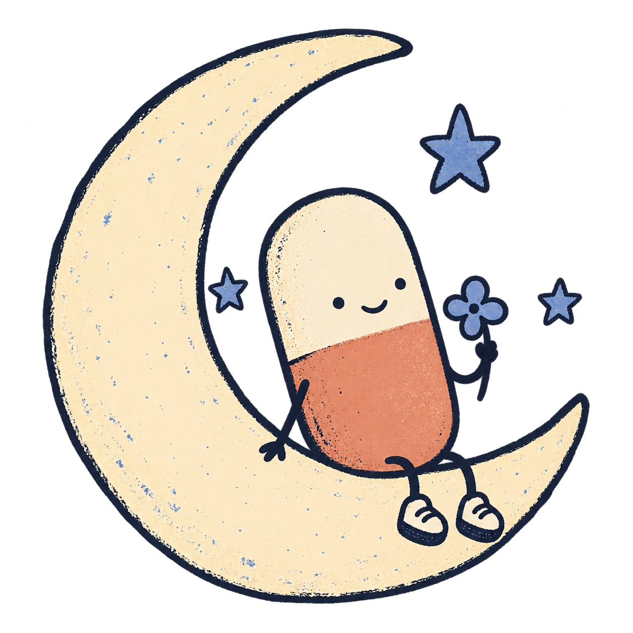 A smiling cream and coral pill companion, sitting on a crescent moon and holding a little blue flower.