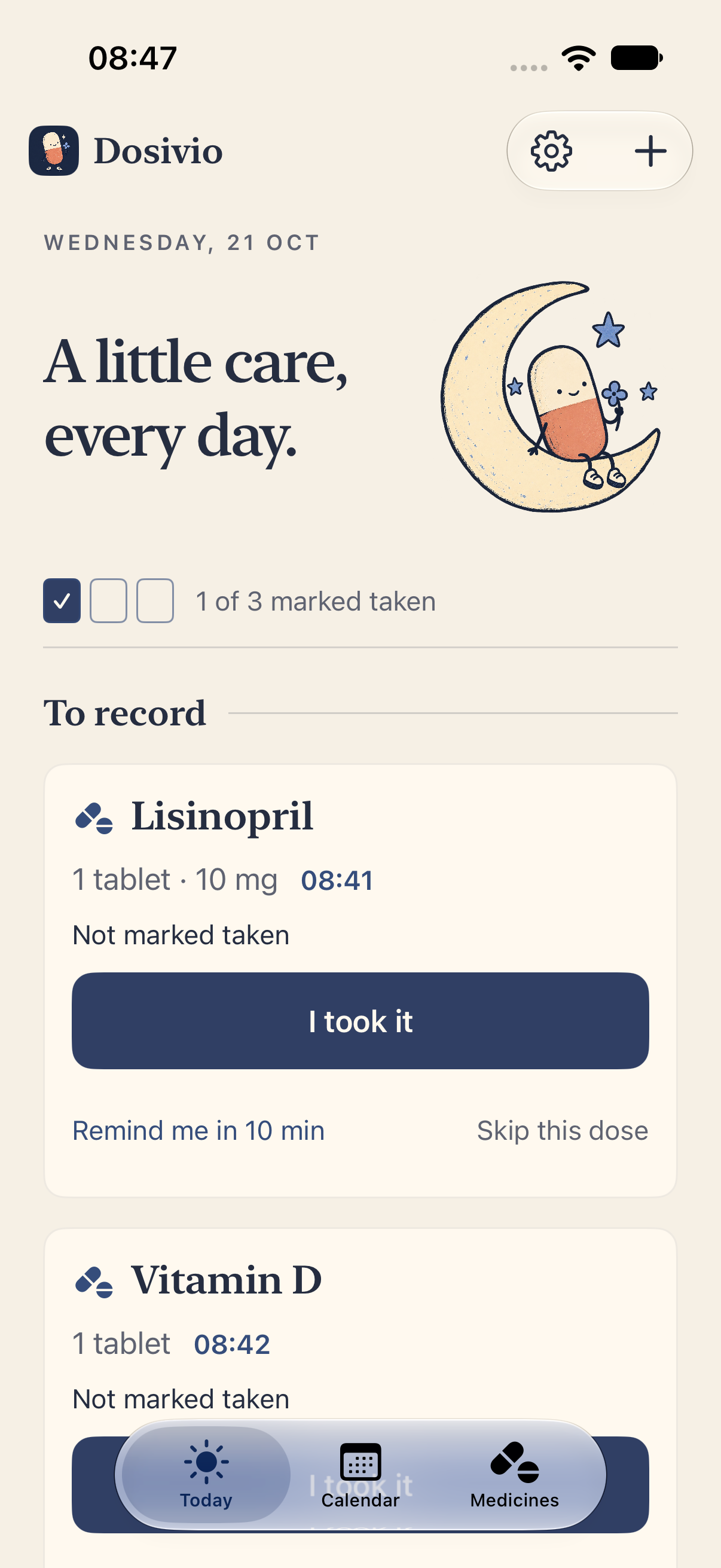 Dosivio Today screen in light mode, with a daily checklist and a clearly labelled button to record a dose.