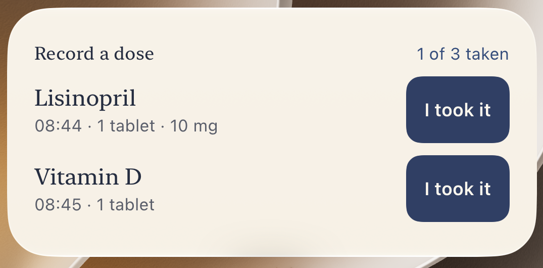 Dosivio interactive widget with two medicines and separate I took it buttons.